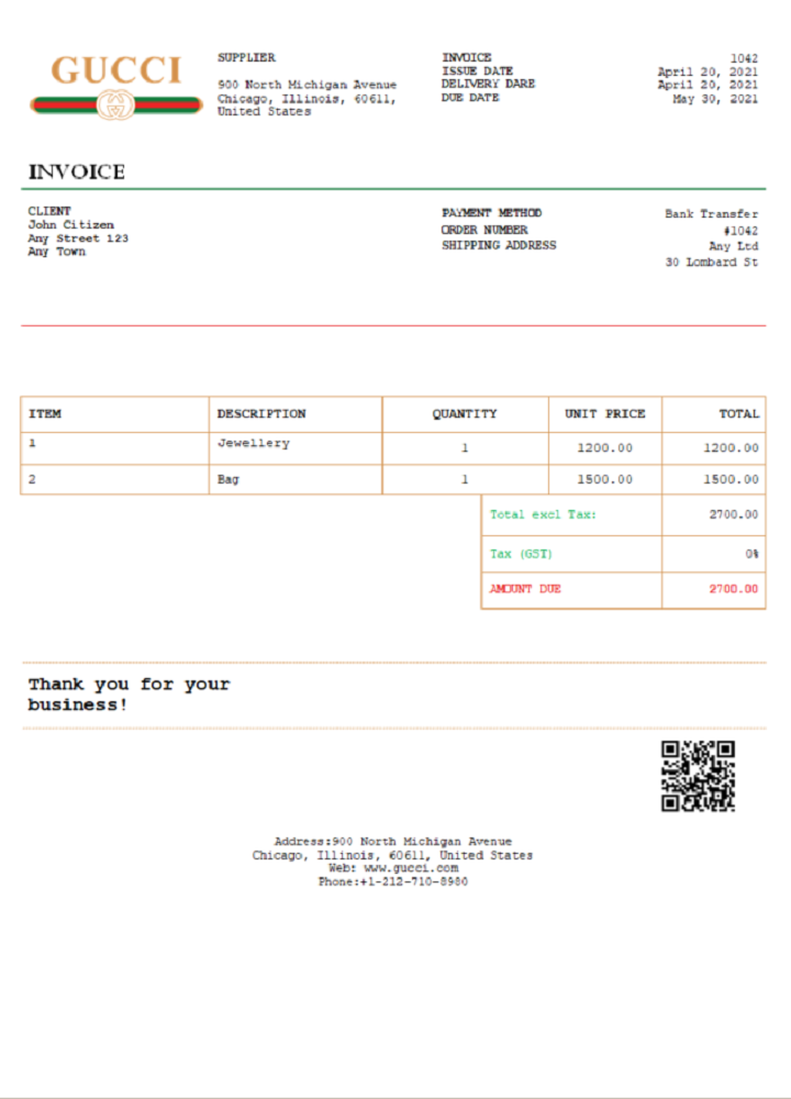 USA Gucci invoice template PSD template